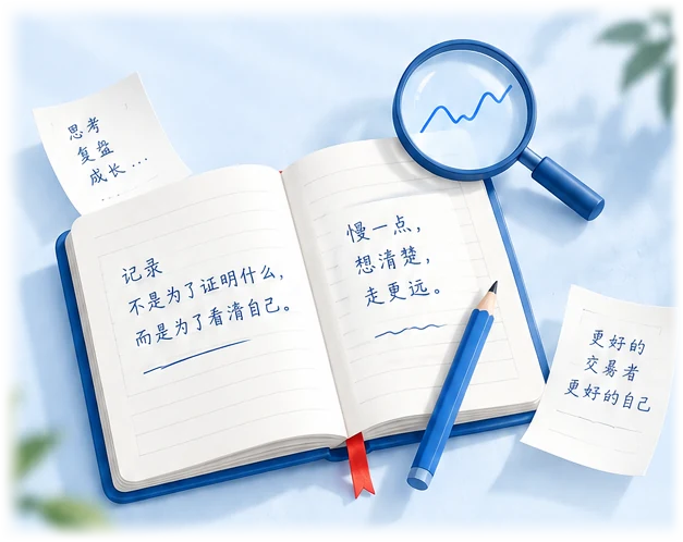翻开的交易手记，记录买入理由、当时的情绪与值得回看的思考