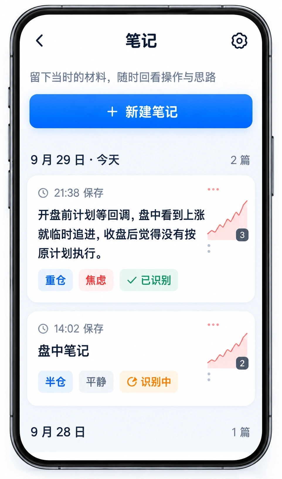 叙盘交易笔记界面示意：记录市场、交易、心态与纪律，随时添加一篇笔记